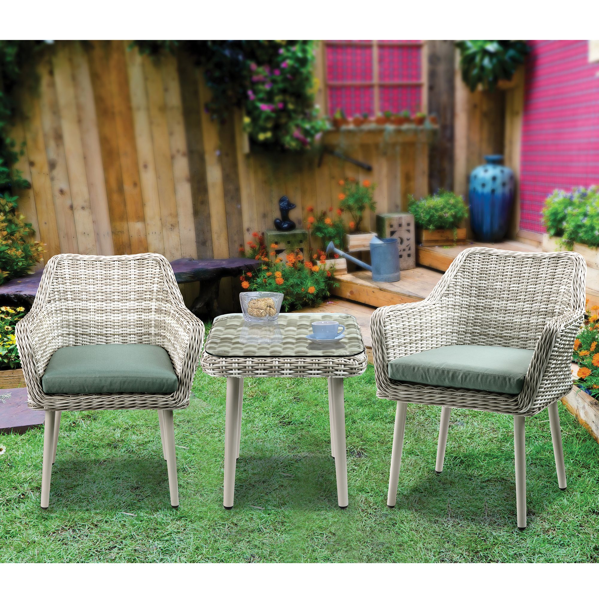 Tashay Beige Wicker and Green Fabric 3 Piece Patio Bistro Set