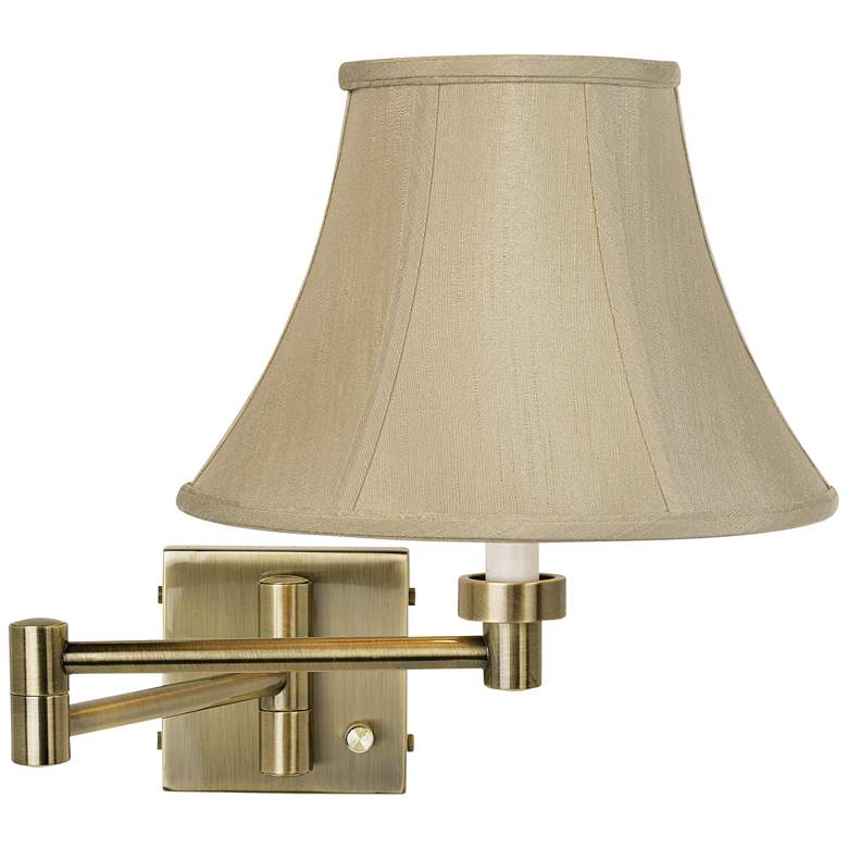 Image 1 Taupe Bell Shade Antique Brass Plug-In Swing Arm Wall Light