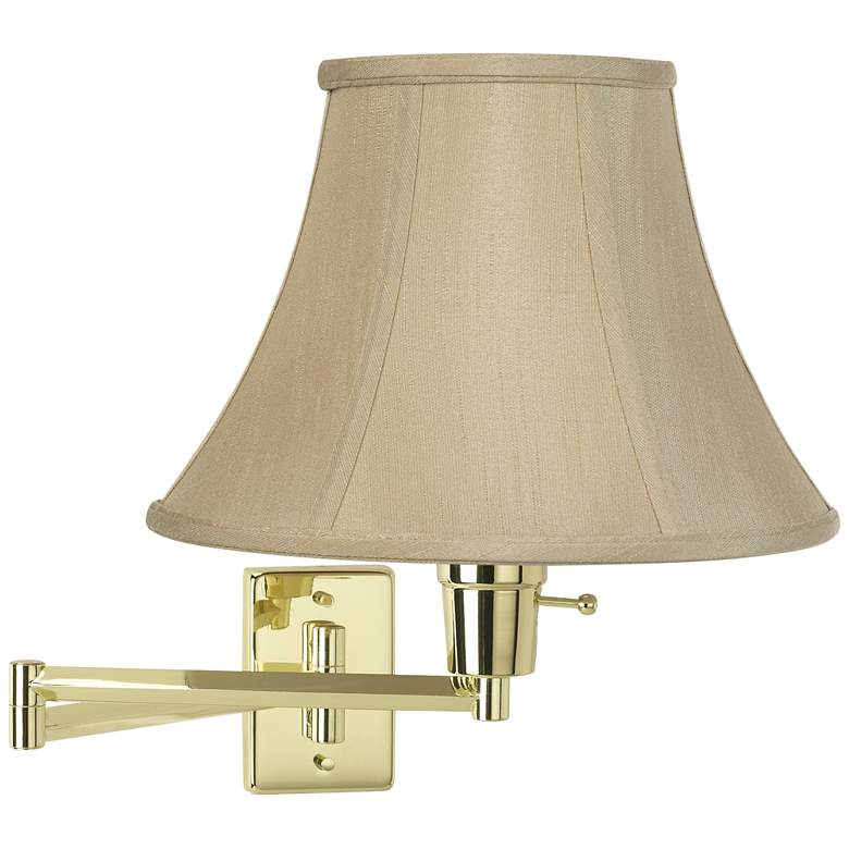 Image 1 Taupe Bell Shade Polished Brass Plug-In Swing Arm Wall Lamp