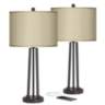 Taupe Faux Silk and Dark Bronze USB Table Lamps Set of 2