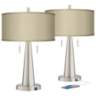 Taupe Faux Silk Vicki Brushed Nickel USB Table Lamps Set of 2