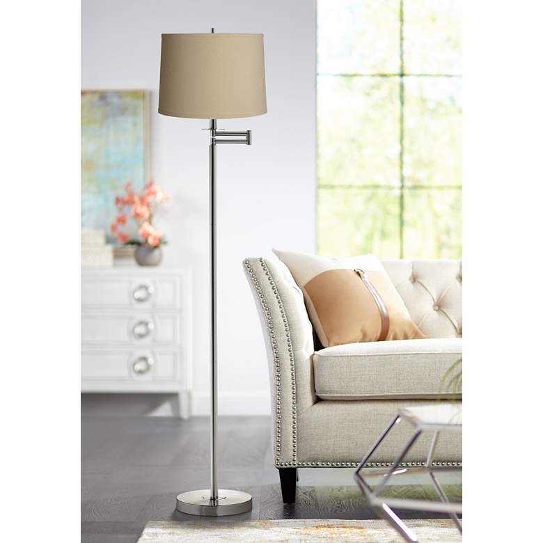 Image 1 Taupe Linen Brushed Nickel Swing Arm Floor Lamp