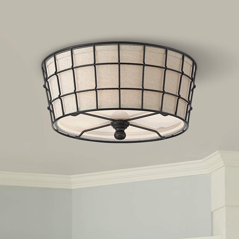 Image 1 Taya 16" Wide Burlap and Wire Ceiling Light