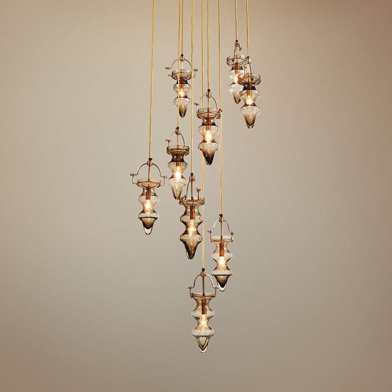 Image 1 Tea Light 24"W Antique Brass and Smoke Multi Light Pendant