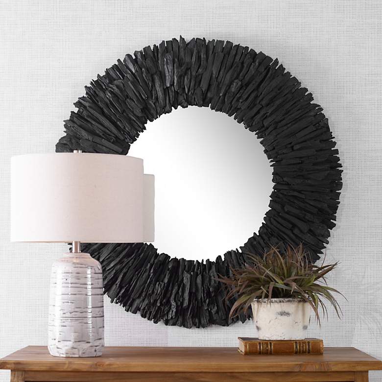 Image 1 Teak Branch Satin Black 39 1/4" Round Oversized Wall Mirror