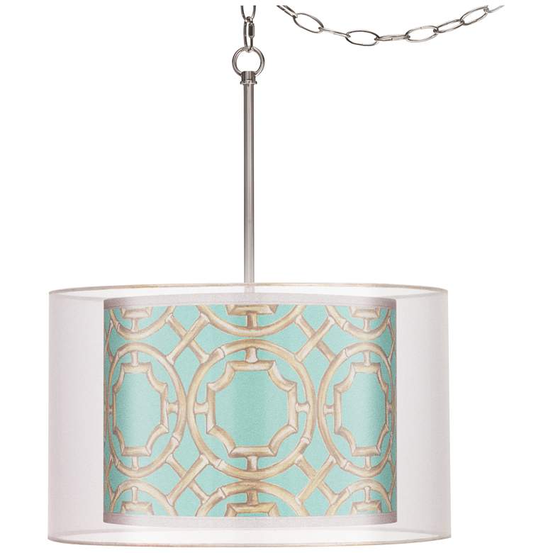 Image 1 Teal Bamboo Trellis Double Shade 18 inch Wide Swag Pendant