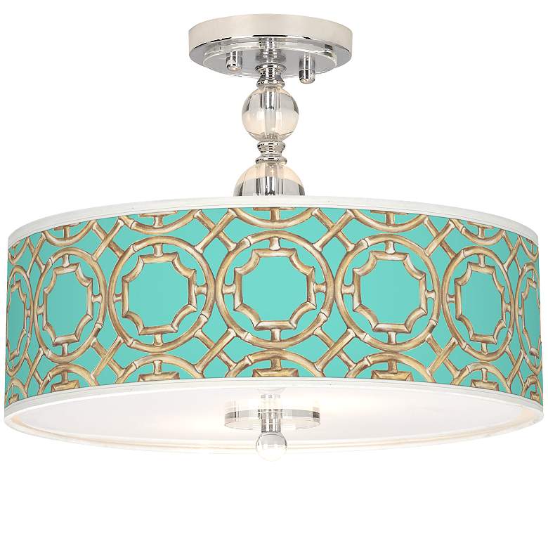 Image 1 Teal Bamboo Trellis Giclee 16"W Semi-Flush Ceiling Light