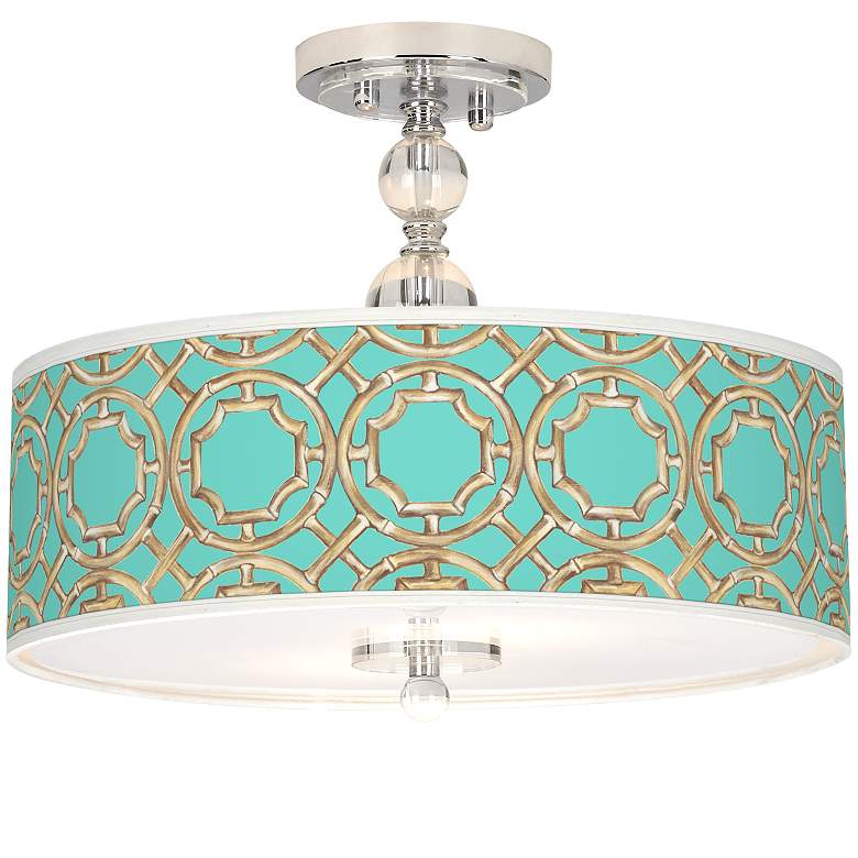 Image 1 Teal Bamboo Trellis Giclee 16 inchW Semi-Flush Ceiling Light