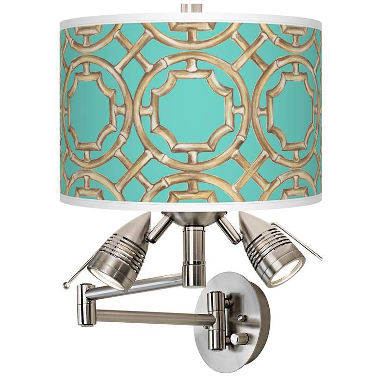 Image 1 Teal Bamboo Trellis Giclee Plug-In Swing Arm Wall Lamp