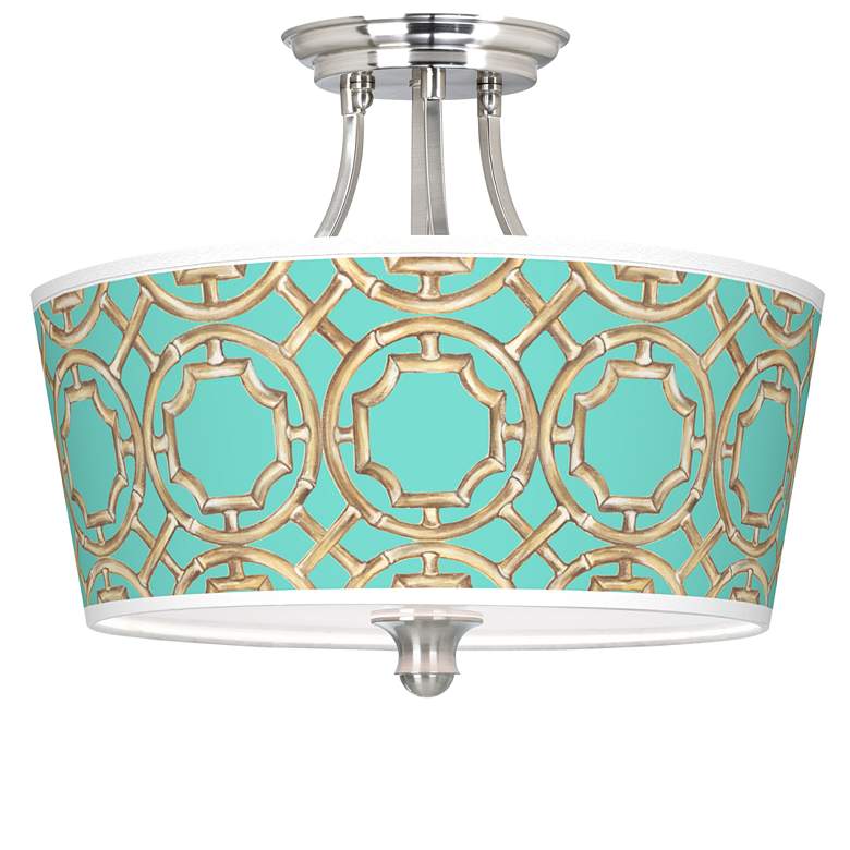 Image 1 Teal Bamboo Trellis Tapered Drum Giclee Ceiling Light