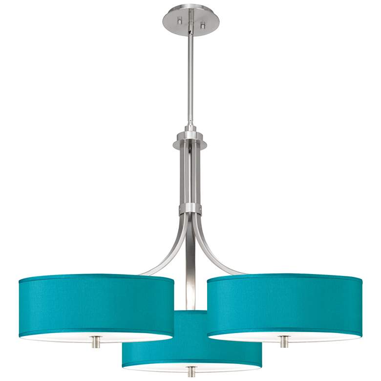 Image 1 Teal Blue Faux Silk 36 inch Wide Triple Shade Pendant