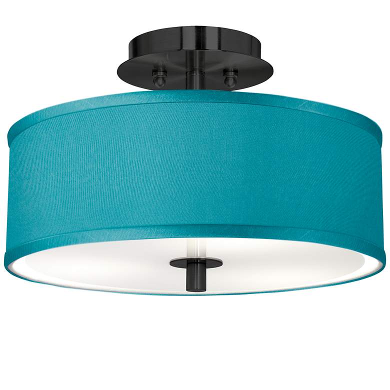 Image 1 Teal Blue Faux Silk Black 14 inch Wide Ceiling Light