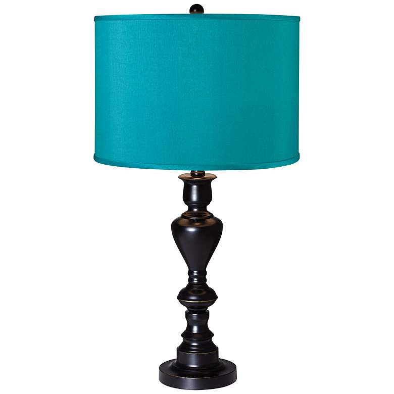 Image 1 Teal Blue Faux Silk Black Bronze Table Lamp