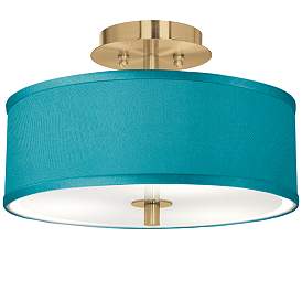 Image1 of Teal Blue Faux Silk Gold 14" Wide Ceiling Light