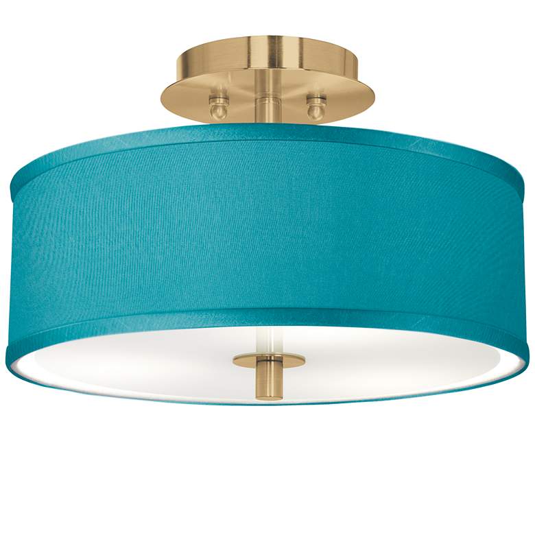 Image 1 Teal Blue Faux Silk Gold 14" Wide Ceiling Light