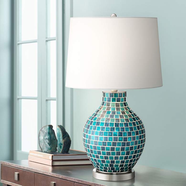 Image 1 Teal Blue Glass Mosaic Jar Table Lamp with 9W LED Bulb