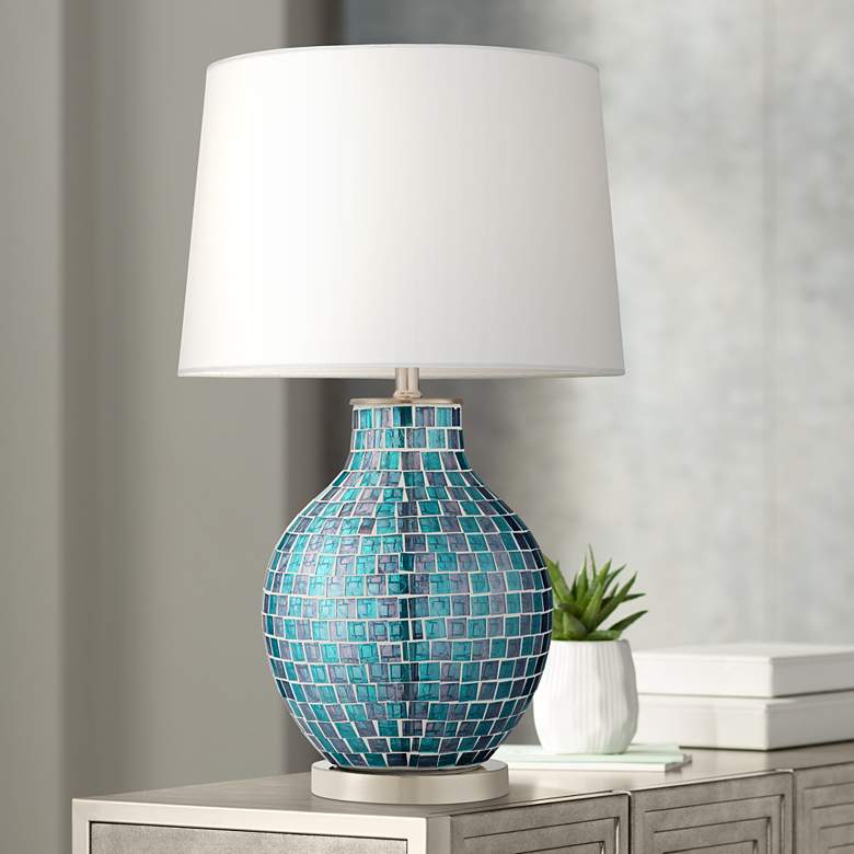 Teal Blue Glass Mosaic Pattern Jar Table Lamp