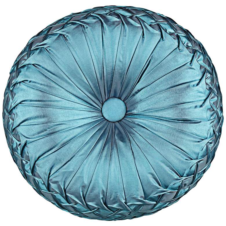 Image 1 Teal Blue Ruched Tufted 14 inch Round Decorative Pillow