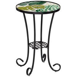 Teal Island Tropical Leaves 14" Black Frame Mosaic Outdoor Table