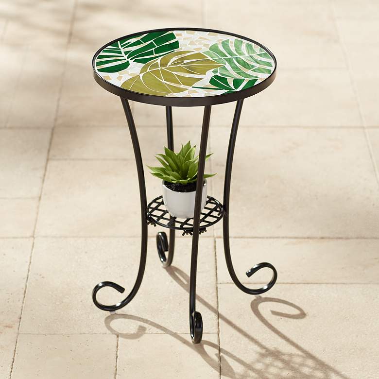 Image 1 Teal Island Tropical Leaves 14" Black Frame Mosaic Outdoor Table