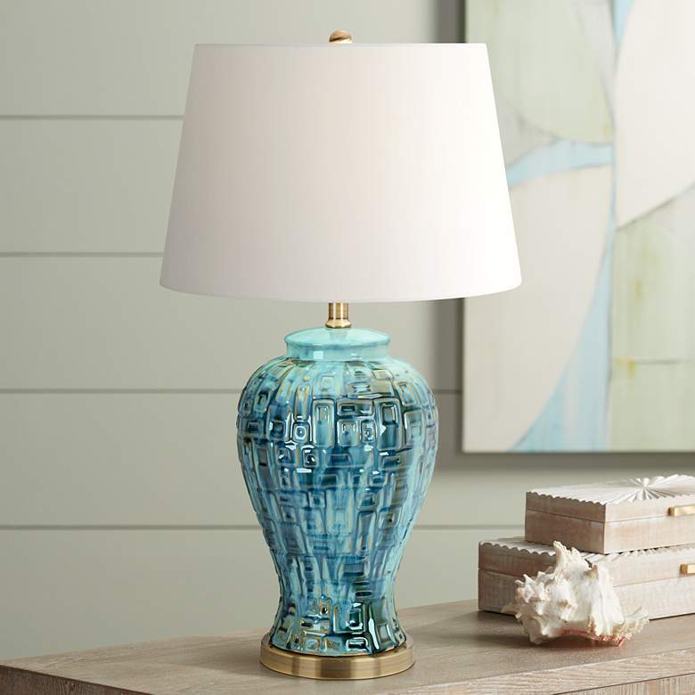 Image 1 Teal Temple Jar 27 inch High Ceramic Table Lamp with 9W LED Bulb