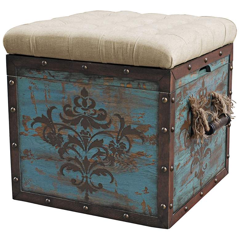 Image 1 Teal Wood Crate Upholstered Ottoman