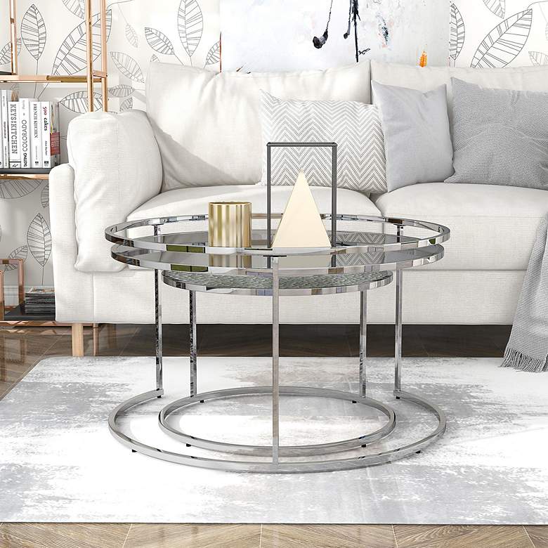 Image 6 Tega Gray Glass Steel 2-Piece Nesting Table Set more views