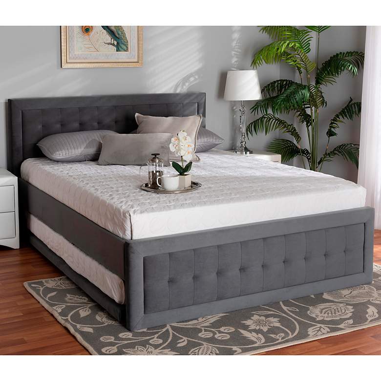 Image 1 Tegan Gray Velvet Fabric Queen Size Platform Bed w/ Trundle