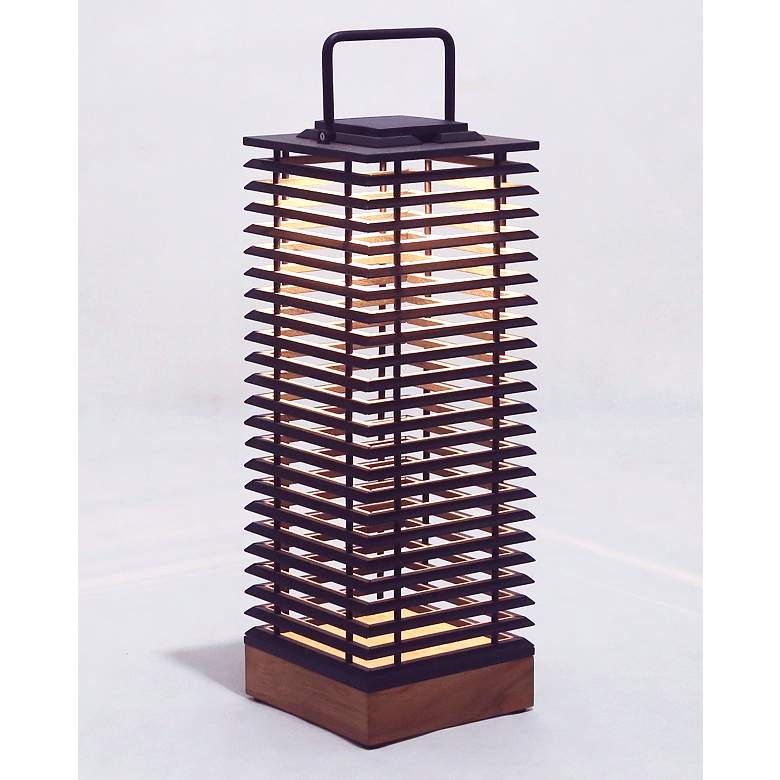 Image 1 Tekura 31 1/2 inch High Teak Wood Motion Sensor Solar Powered Lantern