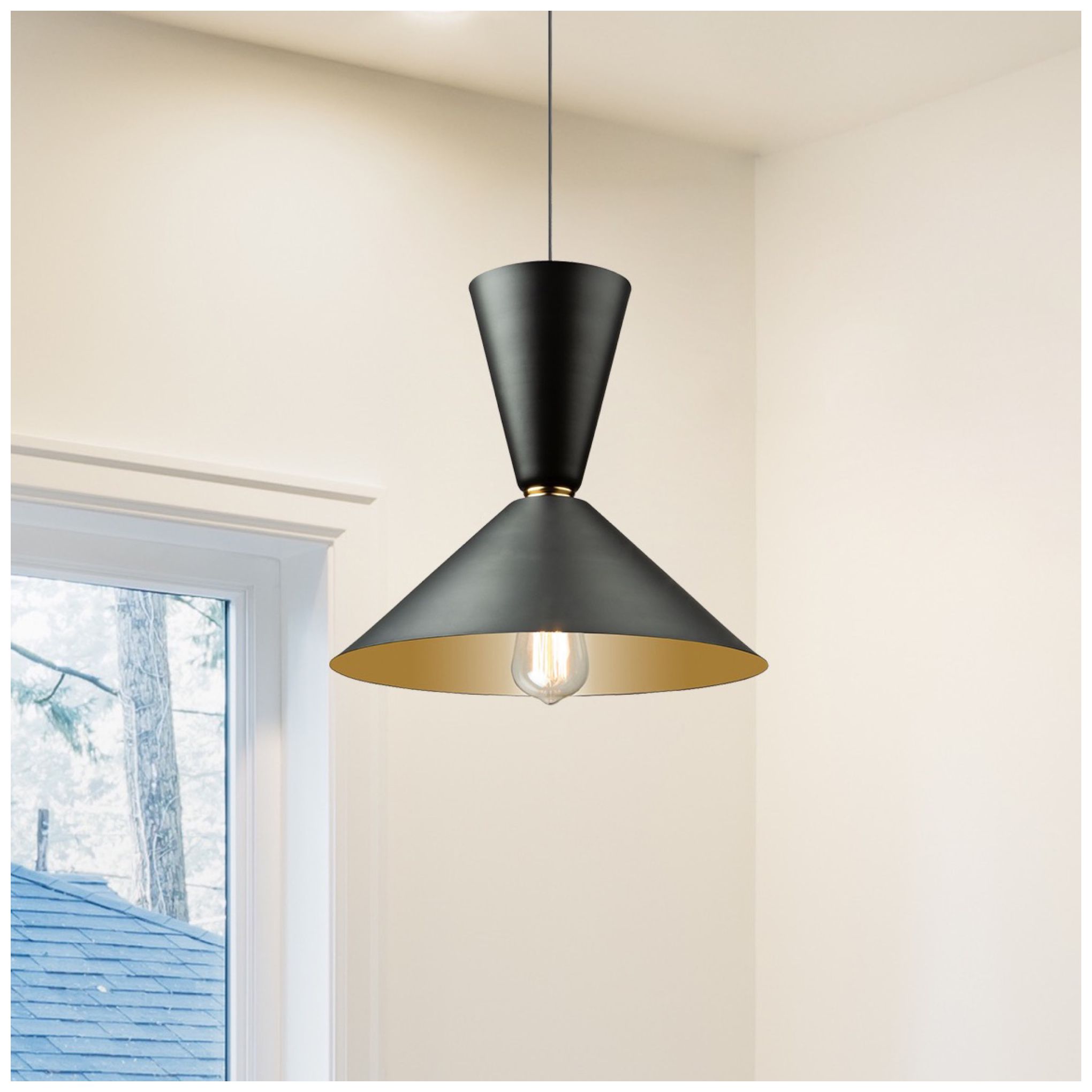 Tempo 14" Wide Matte Black Pendant With Black And Gold Aluminum Shade