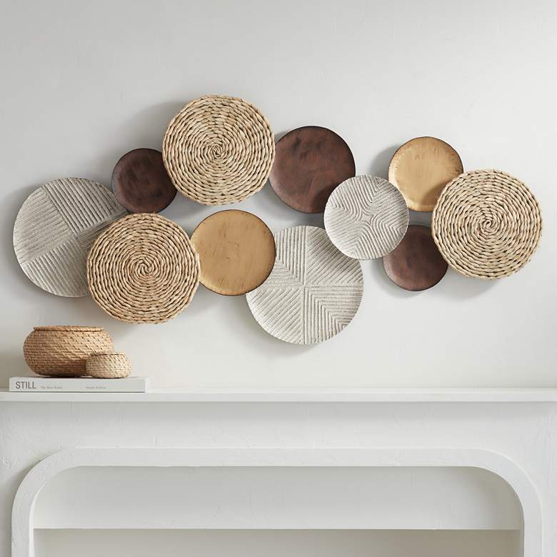 Tempus 47&quot; Wide Gold White-Washed Seagrass Disk Wall Art