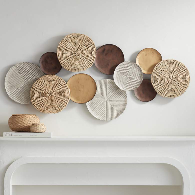 Image 1 Tempus 47" Wide Gold White-Washed Seagrass Disk Wall Art