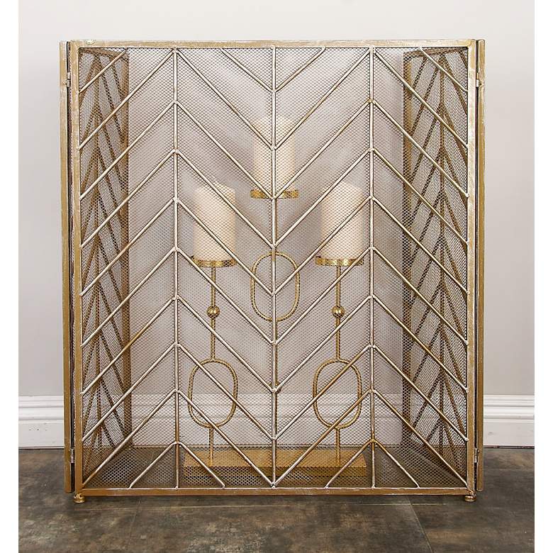 Image 1 Tenaya Brass 31" High 3-Panel Fireplace Screen