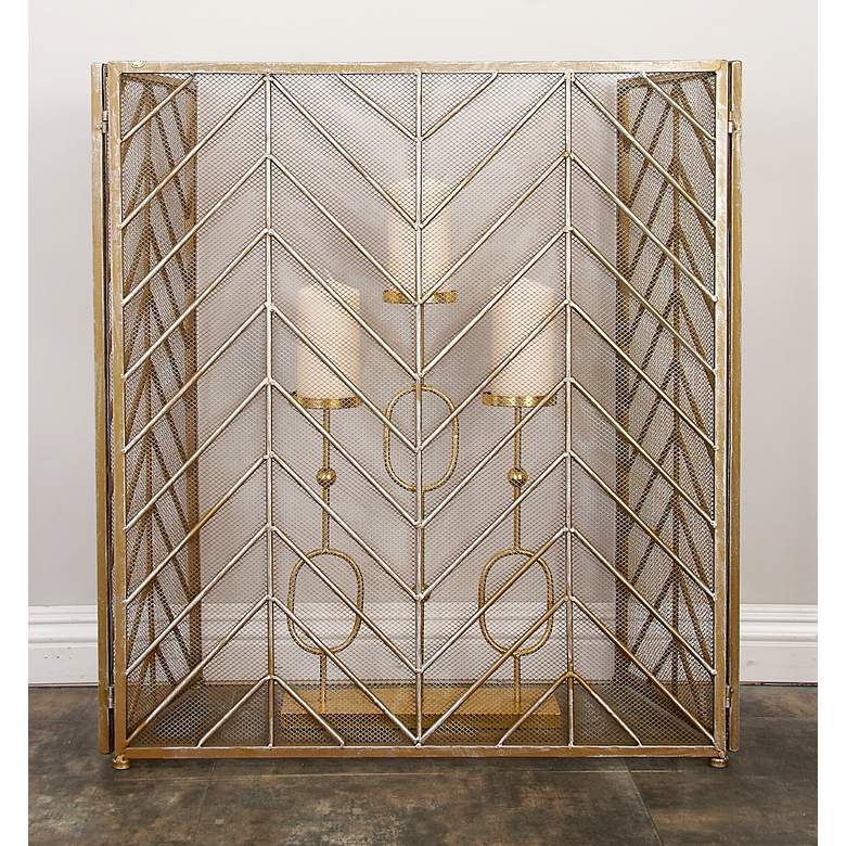 Image 1 Tenaya Brass 31 inch High 3-Panel Fireplace Screen