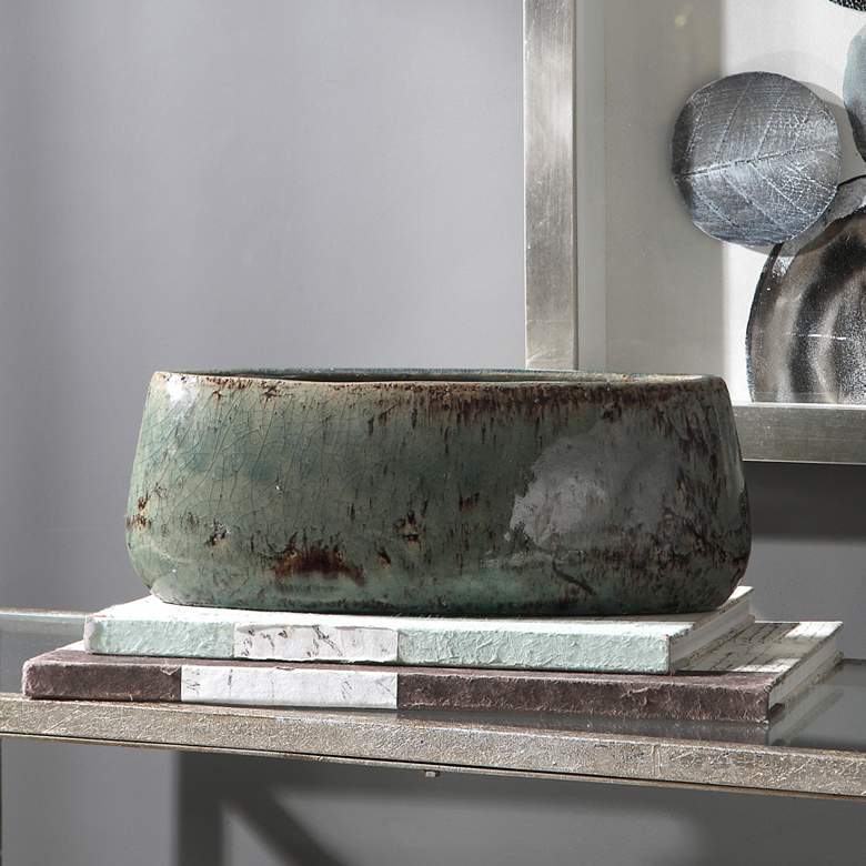 Tenzin 15 1/2&quot; Wide Aqua Blue Modern Ceramic Decorative Bowl