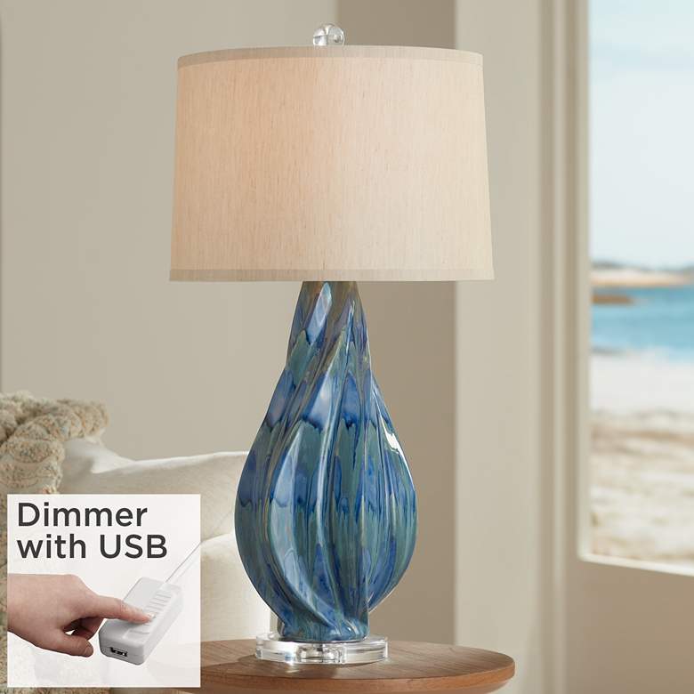 Image 1 Teresa Teal Drip Modern Ceramic Table Lamp With USB Dimmer