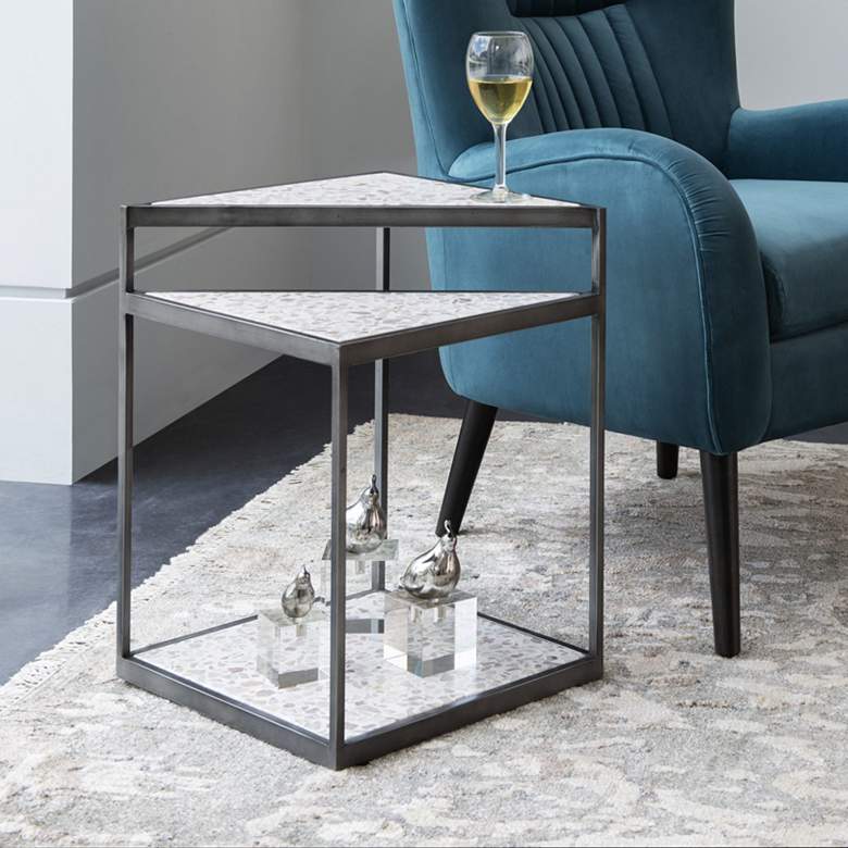 Image 1 Terra 16 3/4 inchW Gunmetal Terrazzo Stone 2-Tier Accent Table