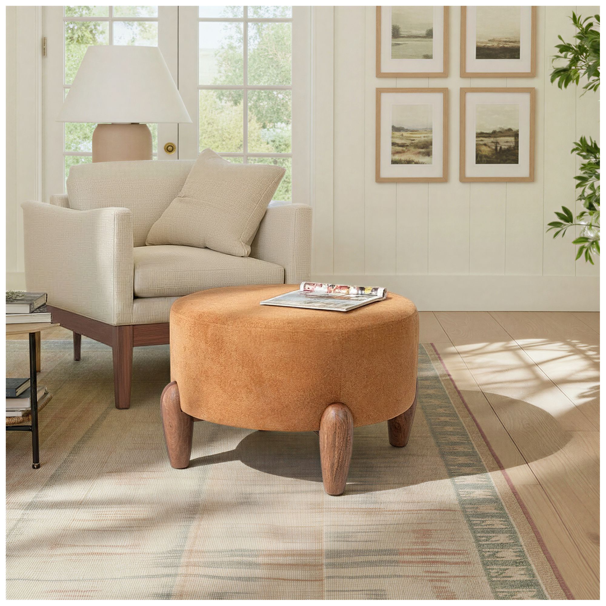 Image 3 Terracotta Boucle Upholstered Ottoman with Tapered Legs more views