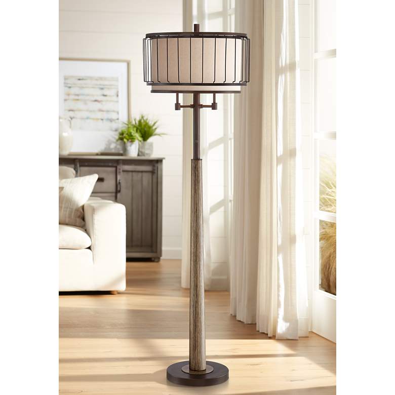 Image 1 Terrence Bronze and Faux Wood Column Floor Lamp