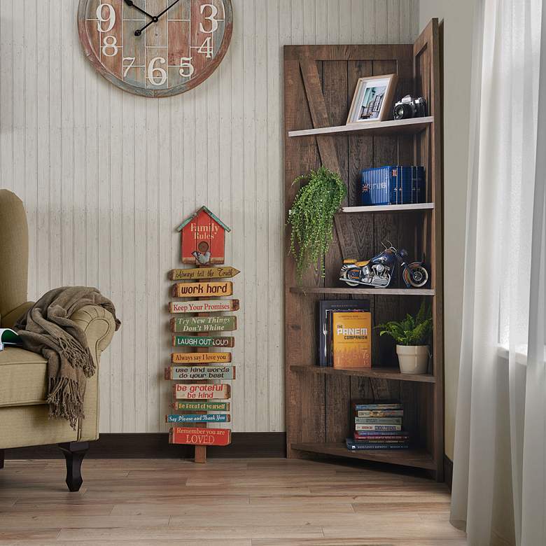 Image 5 Terry 20 1/2"W Reclaimed Oak Wood 5-Shelf Corner Bookcase more views