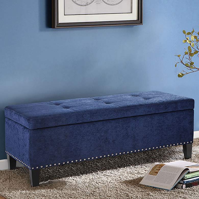 Image 1 Tessa 42" Wide Blue Tufted Fabric Rectangular Storage Bench