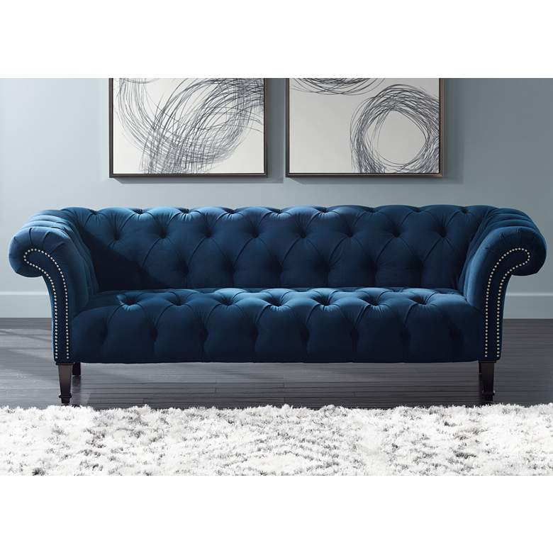 Tessa Sapphire Blue 90 3/4&quot; Wide Tufted French Sofa