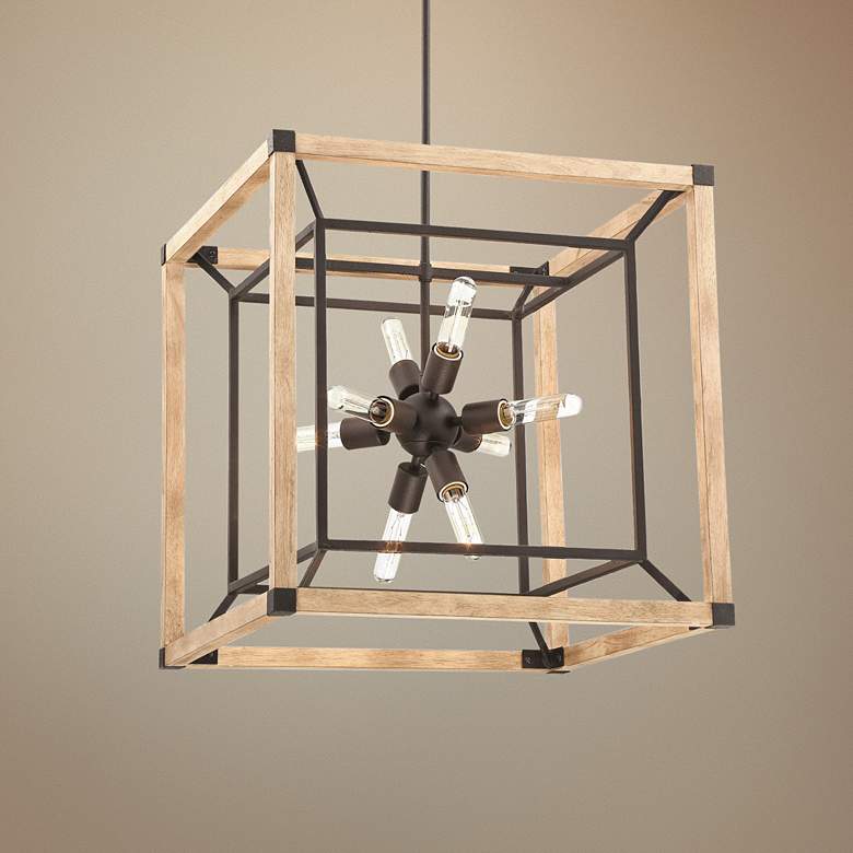 Image 1 Tesseract 21 1/4" Wide Black and Oak Wood 8-Light Chandelier