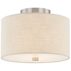 Textile 11"W Classic Drum Brushed Nickel Semi-Flush With Cream Linen S