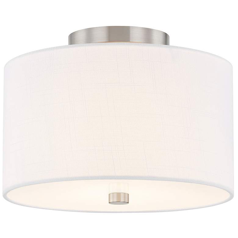 Image 1 Textile 11"W Classic Drum Brushed Nickel Semi-Flush With White Linen S