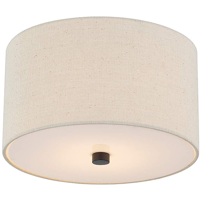 Image 1 Textile 11"W Classic Drum Matte Black Flush-Mount With Cream Linen Sha