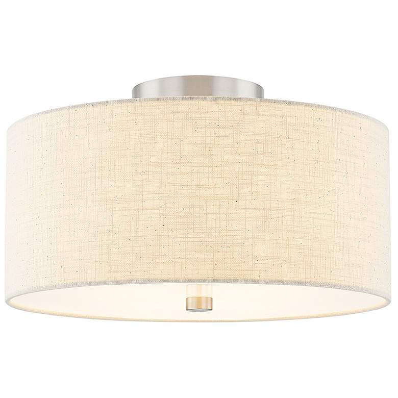 Image 1 Textile 14"W Classic Drum Brushed Nickel Semi-Flush With Cream Linen S