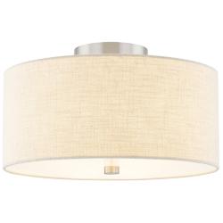 Textile 14"W Classic Drum Brushed Nickel Semi-Flush With Cream Linen S