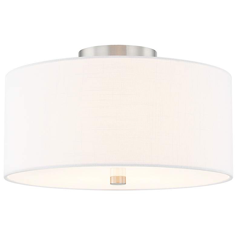 Image 1 Textile 14"W Classic Drum Brushed Nickel Semi-Flush With White Linen S