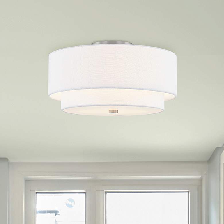 Image 2 Textile 15"W Nickel Ceiling Light with White Tiered Shade